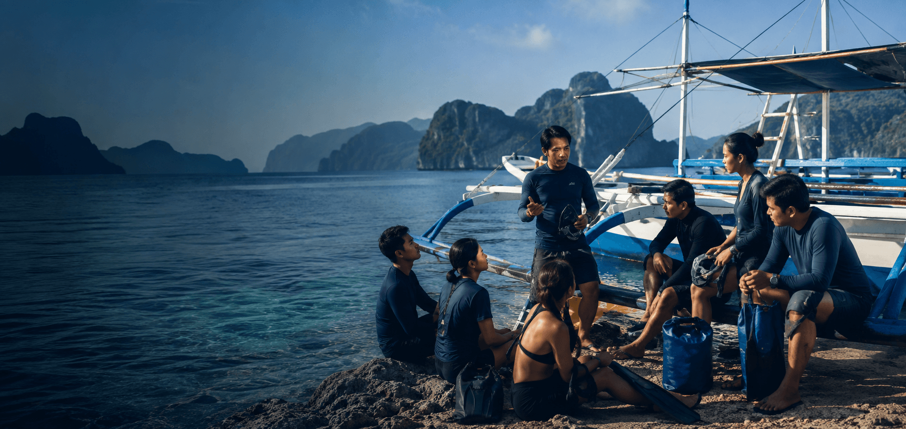 A Filipino island expedition crew holding a safety briefing beside an outrigger boat